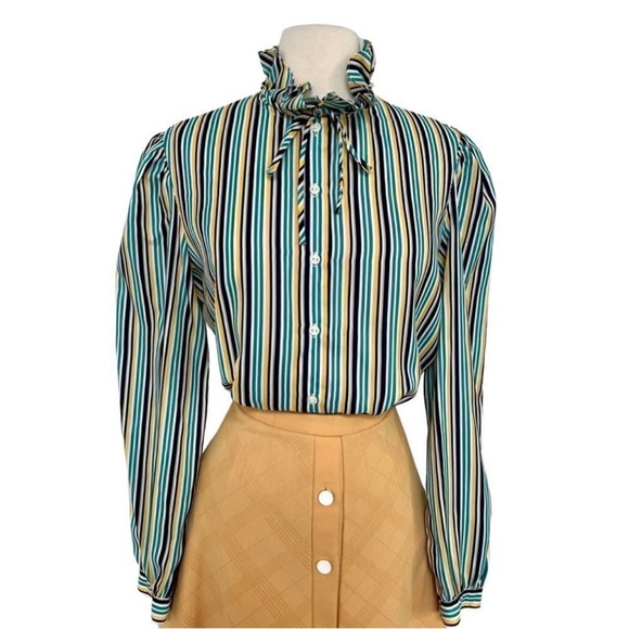 Vintage Tops - EUC Unique Vintage 70s/80s Ruffle Mock Neck Striped Button Down Blouse Women’s L